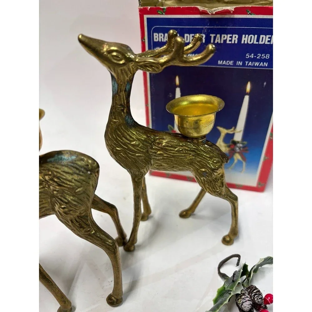 Vintage Brass Deer Taper Candle Holders Christmas Around the World Set of 2